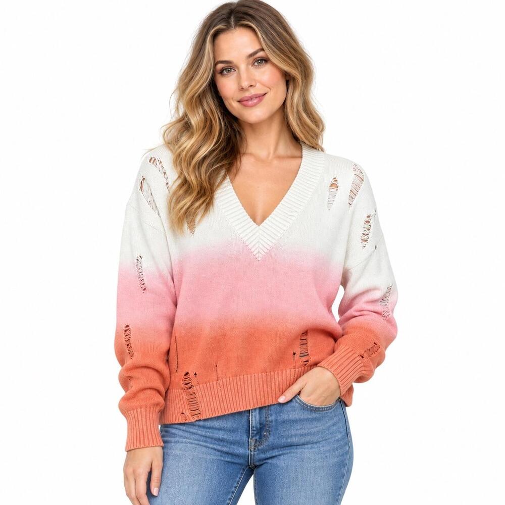 27 Miles Sweater Womens Medium Ombre Distressed V Neck Knit Pullover Multicolor